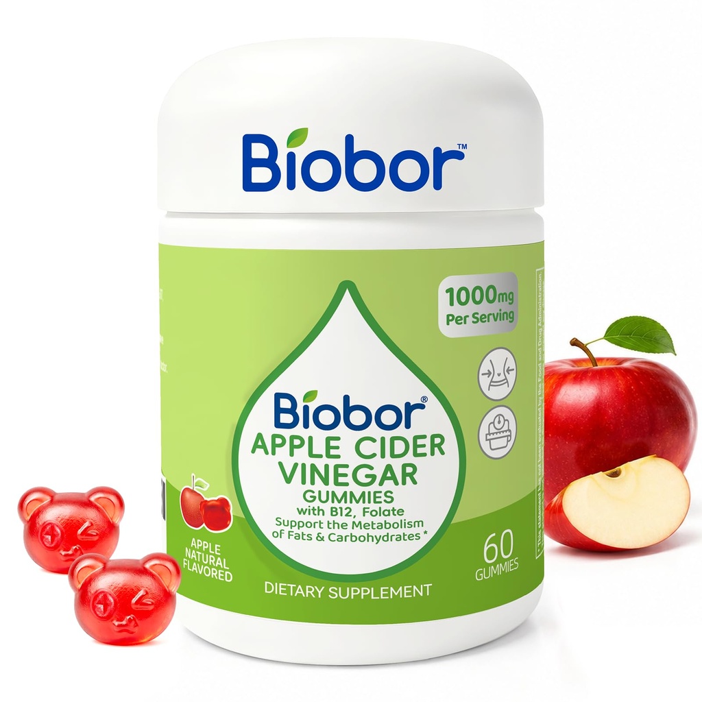 Biobor Apple Cider Vinegar Gummies 1000 mg with Vitamin B12, ACV Gummies for Women Support The Metabolism of Fats and Carbohydrates, Vegan, GMO Free, Gluten Free (60 Count)