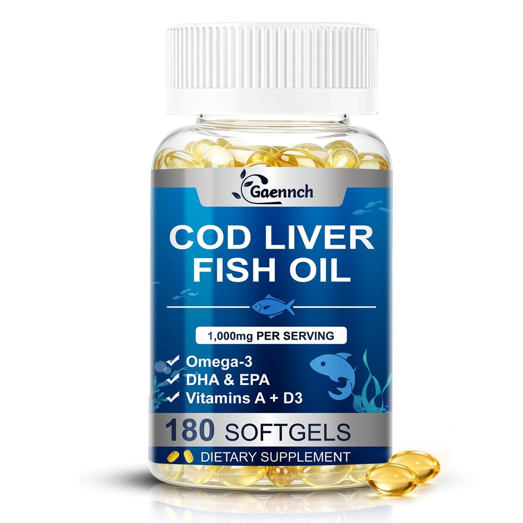 Cod Liver Oil 180 Softgels, 1,000mg Per Serving Wild-Caught Icelandic Cod | Omega 3, Vitamins A & D3, EPA, DHA | Cod Fish Oil Supplement Non-GMO, Third-Party Tested for Heart, Brain & Immune Support