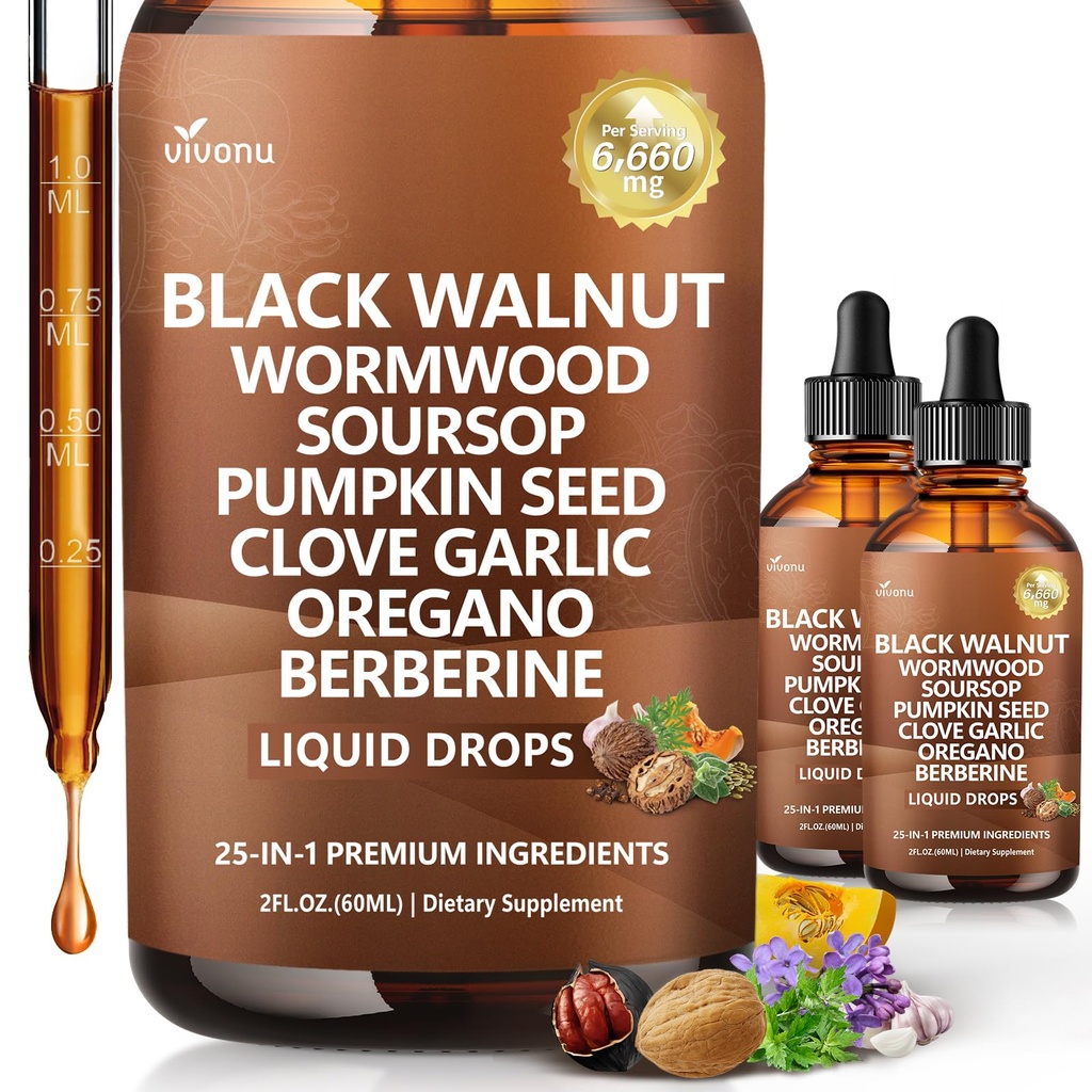 25-in-1 Liposomal Black Walnut Wormwood Clove Tincture, Cleanse for Humans Drops Liquid, Lymphatic Support with Garlic Mullein Soursop Pumpkin Seed Berberine Turmeric Echinacea Cinnamon 2Bottle
