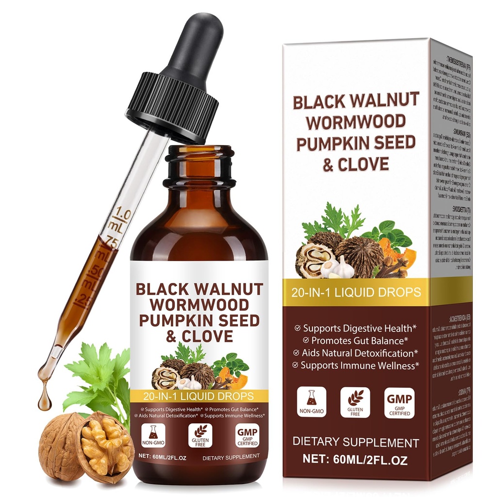 20-in-1 Wormwood Black Walnut Clove Drop - Promote Gut Balance & Digestive Health with Garlic Pumpkin Seeds Oregano Shilajit Extract, Liposomal Tech, High Absorption - 60ml