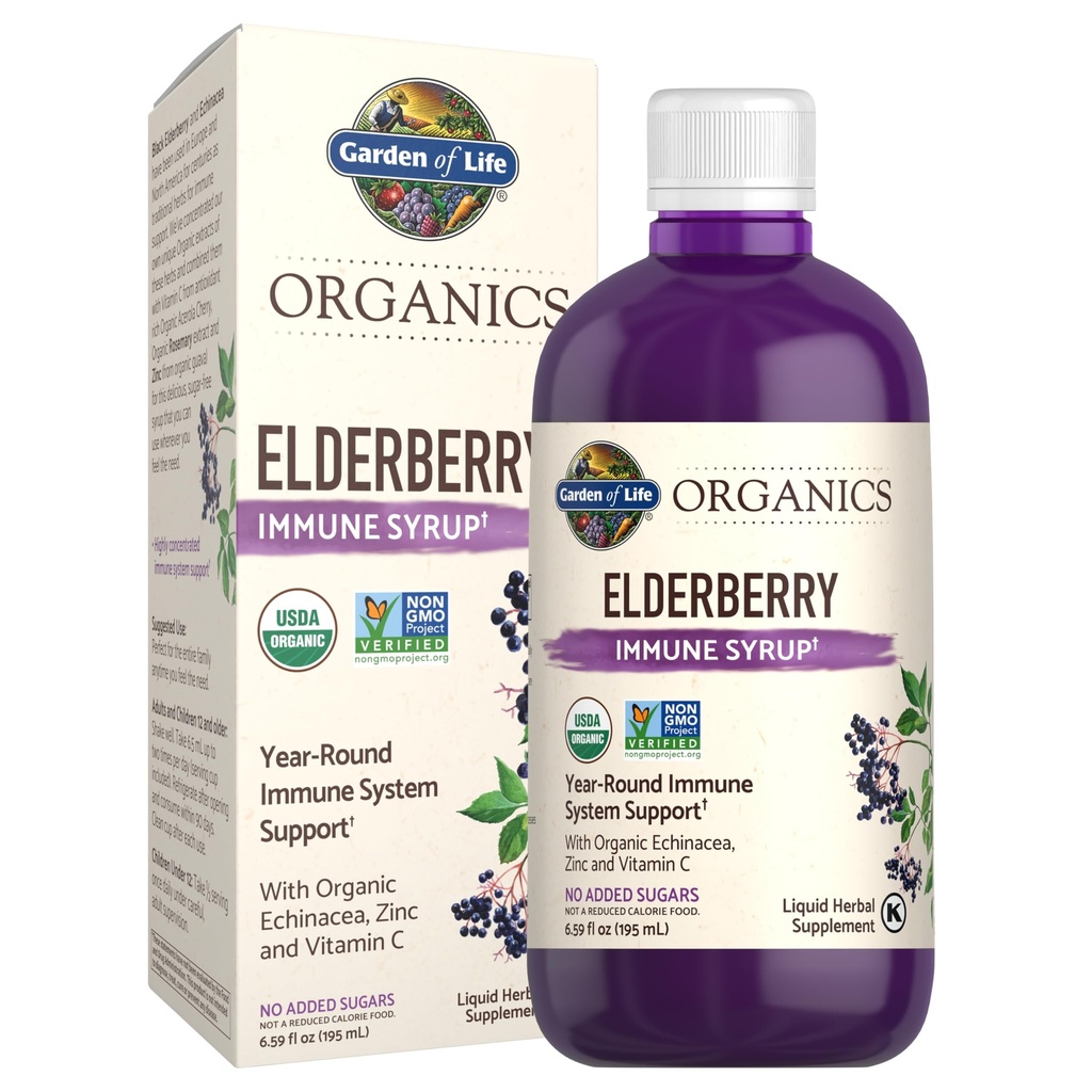 Garden of Life Organics Plant Based Elderberry Immune Syrup 6.59 floz (195 mL) for Kids & Adults - Sambucus, Echinacea, Zinc & Vitamin C, 0g Sugar, Organic Vegan Gluten Free Herbal Supplement