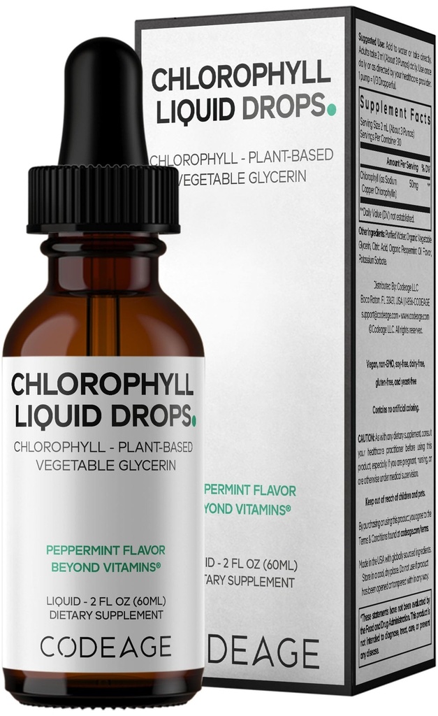 编码氯酚液滴补充剂 - Vegan Chlorophyll 50 mg/ service, 有机胡椒薄荷 Flavor Clorofila 饮料 - 非GMO,无葡萄糖, Vegan - 2 fl oz