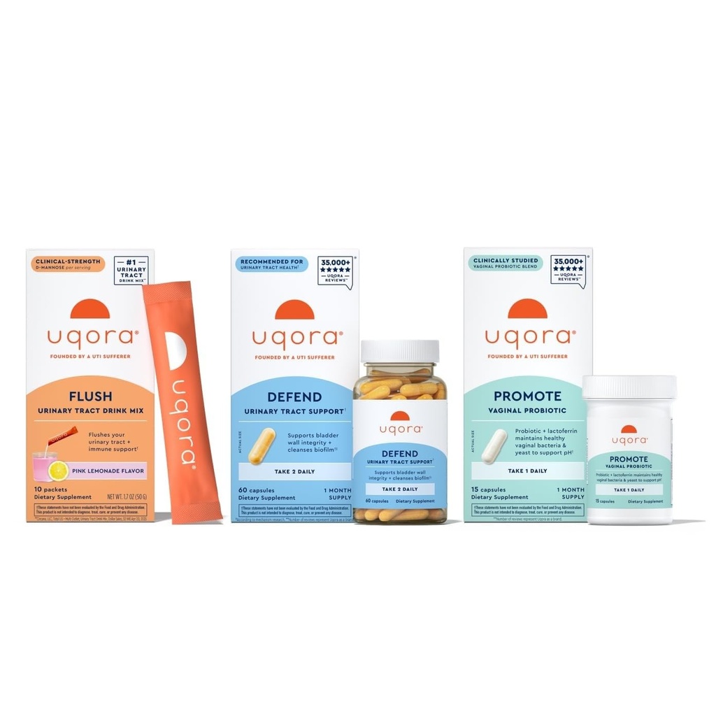 Uqora 配有 Flush 、 捍卫与促进的完整系统 - 配有 D-Mannose 、 维生素 C 、 绿茶提取器、 Probiotics & More - 综合Bladder 健康支持* - 3 Part Bundle