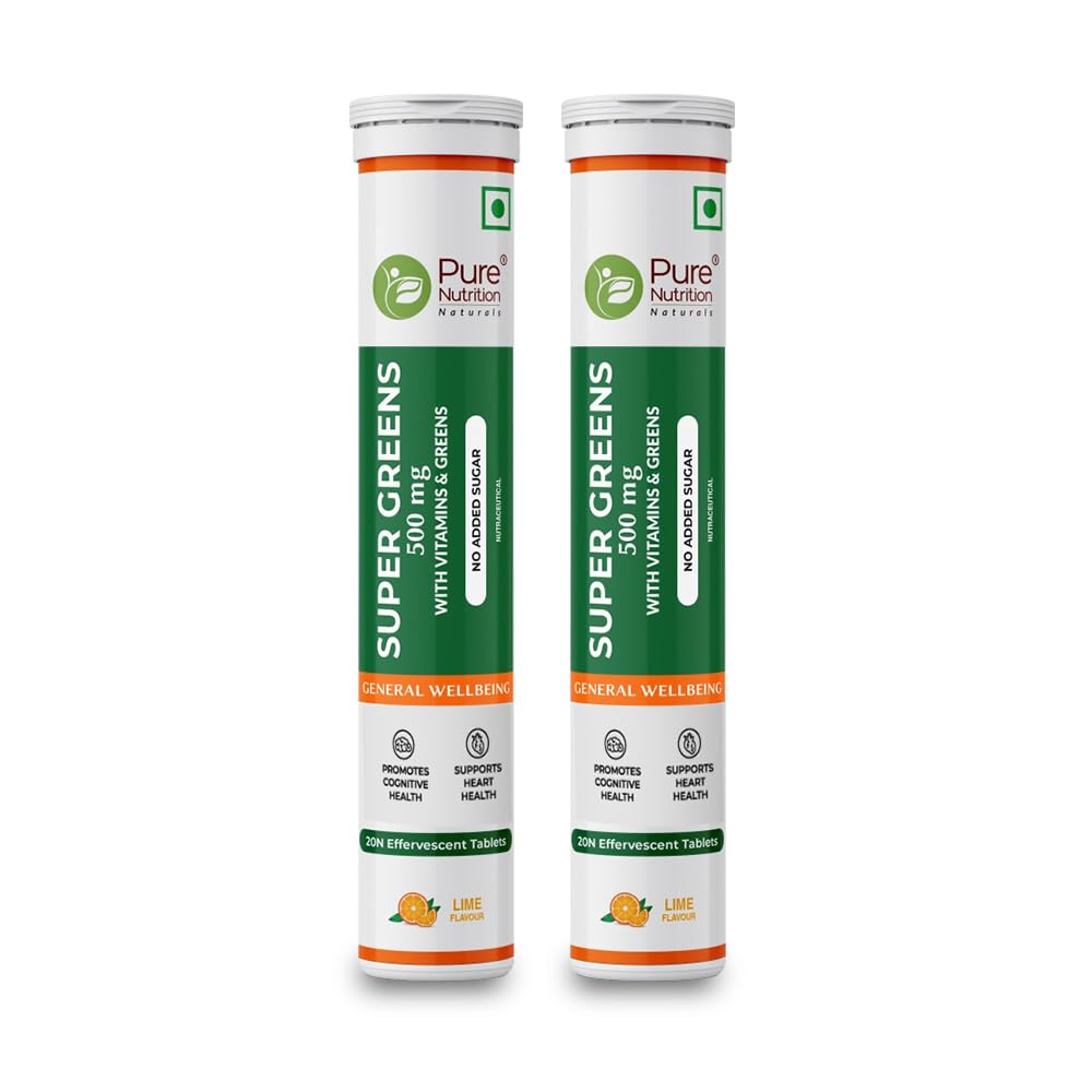 Pure Nutrition Super Greens Effervescent Tablets | 40 Count (20x 2) | with Moringa, Spirulina, Arjuna Leaf & B Vitamins | Supports Immunity & Overall Wellness.