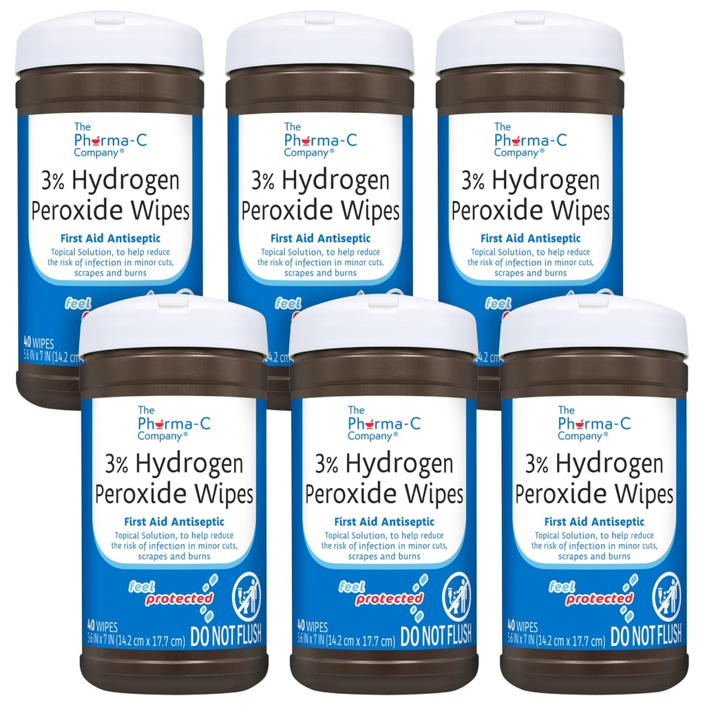 The Pharma-C Company - 3% Hydrogen Peroxide Wipes [6 pack - 40ct canisters] - First Aid. H202 Skin Safe Antiseptic Wound Cleaner.