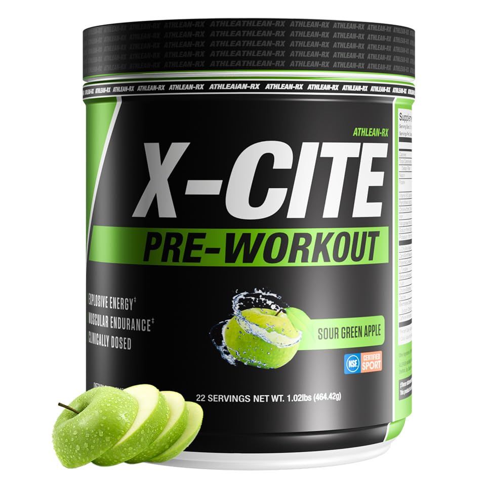 X-CITE Pre-Workout by ATHLEAN-X - Enhanced Formula with Beta-Alanine, Creatine & Caffeine for Ultimate Energy, Endurance, Focus & Muscle Pump, NSF Certified for Sports (Sour Green Apple)