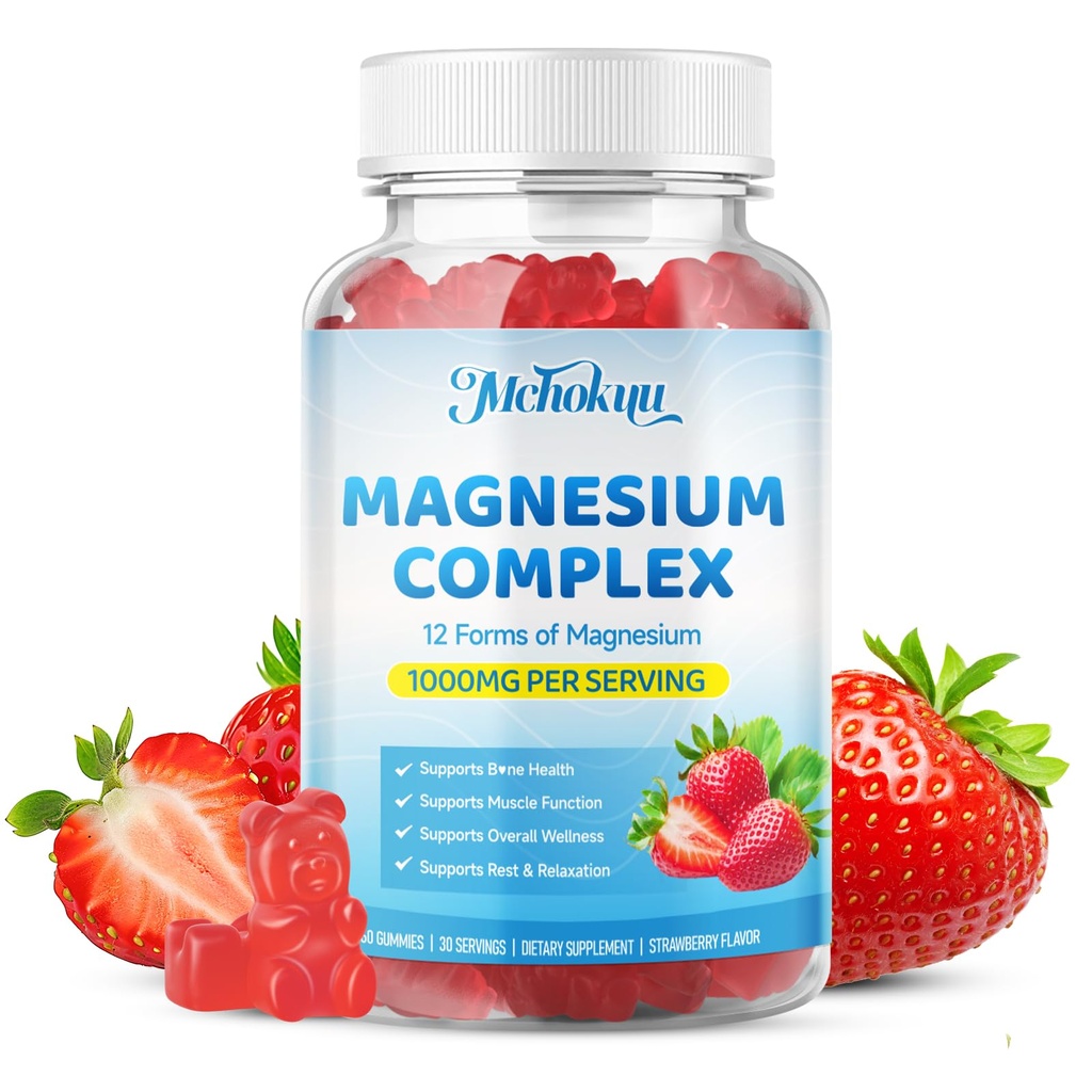 Magnesium Complex Gummies 1000mg | 12-in-1 Magnesium Complex Supplement with Glycinate, Citrate, Malate & Taurate Supports Muscle Function, Bone Health, Rest & Relaxation – Strawberry Flavor, 60 Count