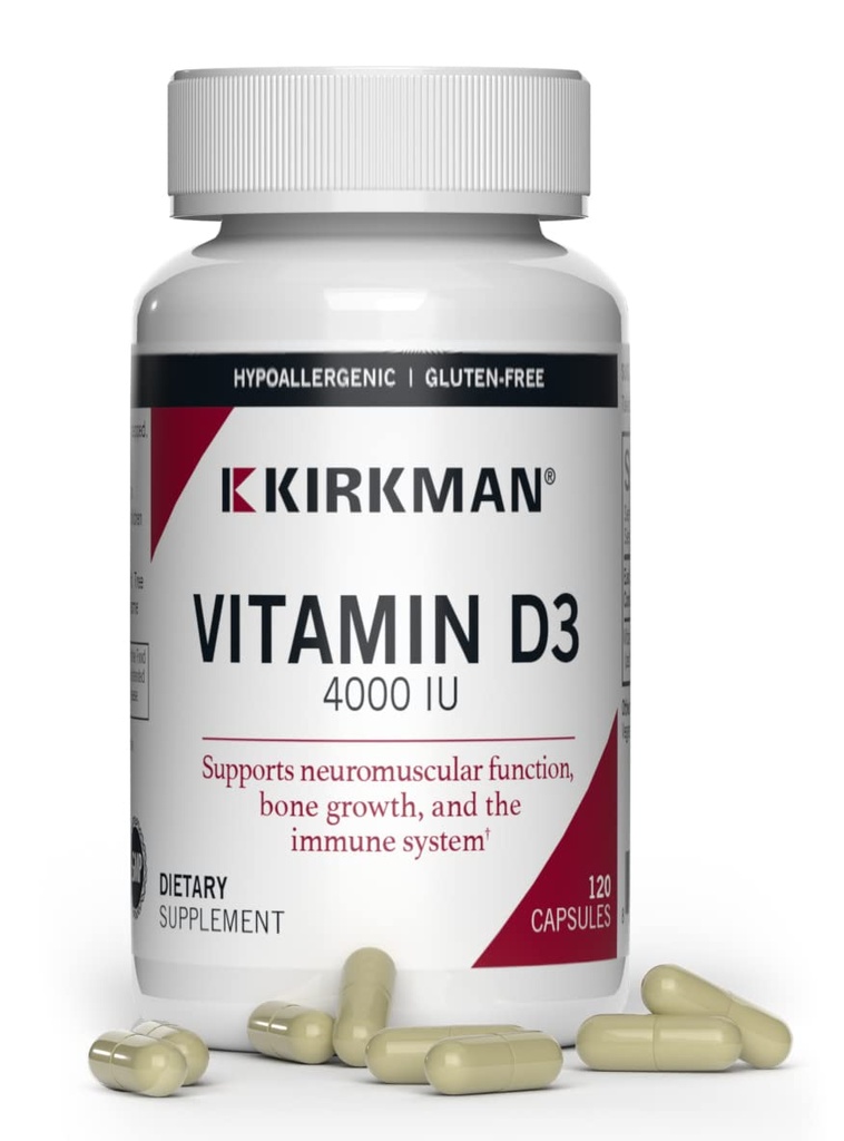 Kirkman Vitamin D-3 4000 IU - Hypoallergenic || 120 Vegetarian Capsules || Gluten Free || Casein Free || Capsules are Plant Based