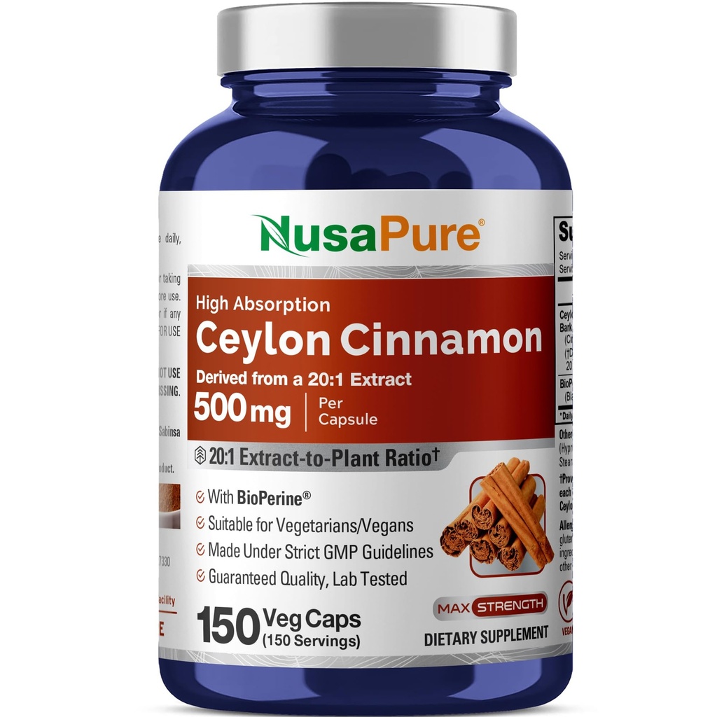 NusaPure Ceylon Cinnamon20:1 提取物,500毫克至10,000毫克/每只Caps | 150 Veggie Capsules | 非GMO, Vegan with Bioperine