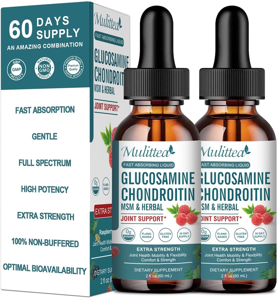 (2包) Glucosamine Chondroitin MSM液滴 -- -- 与长老莓、Boswelia、Bromelain、Hyaluronic酸 -- -- 对成年人、男子和妇女的抗氧化剂免疫支持的超强联合支持补充