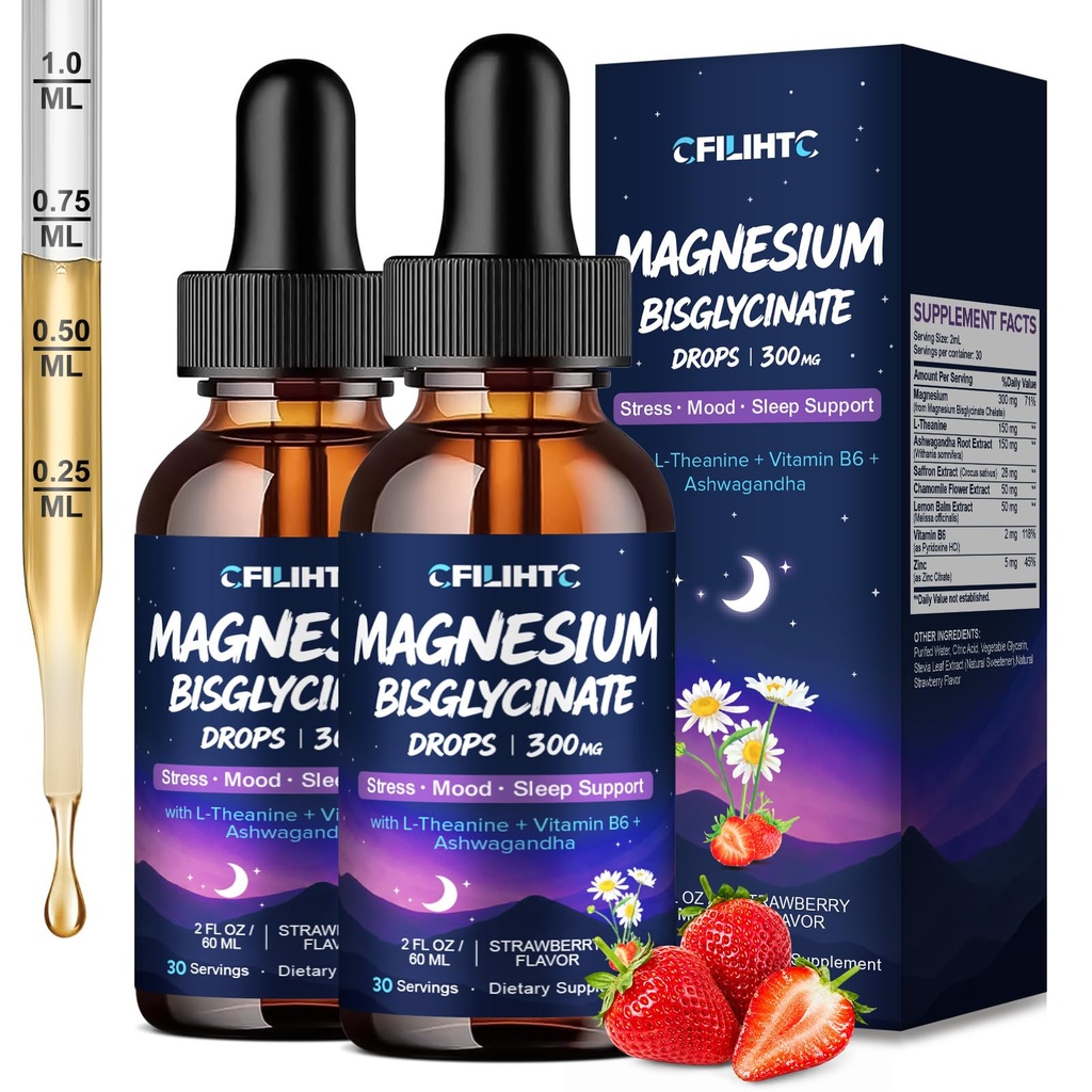2 Pack Magnesium Bisglycinate Liquid Drops, 300mg Liquid Magnesium Drops with L-Theanine, Ashwagandha, Saffron & Chamomile, Supports Sleep, Calm Mood & Stress, 2 Fl Oz Strawberry Flavor