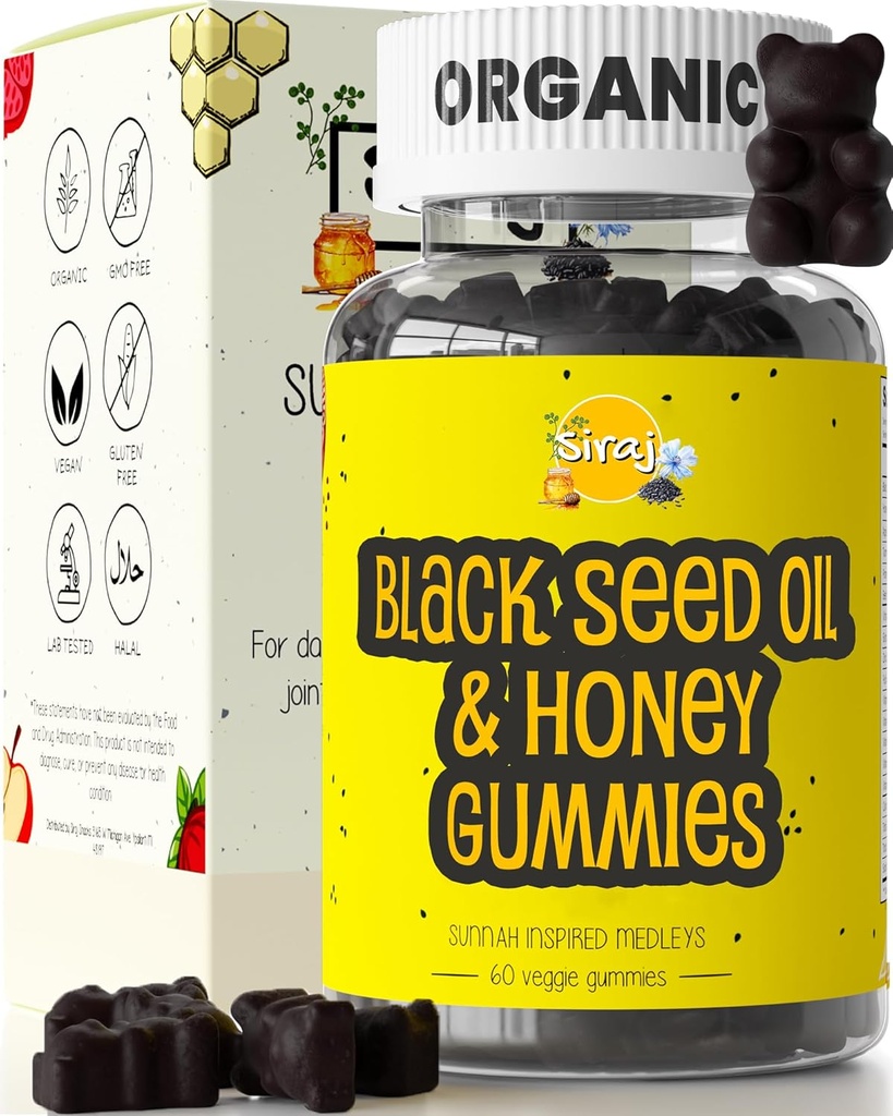 Siraj 有机黑种子油胶 w/Honey & 15% Thymoquinone 用于免疫支持的多维他明, 压力救济 Gummy 维生素 | Turmeric, 苹果苹果苹果苹果醋, 多维他明 Gummys