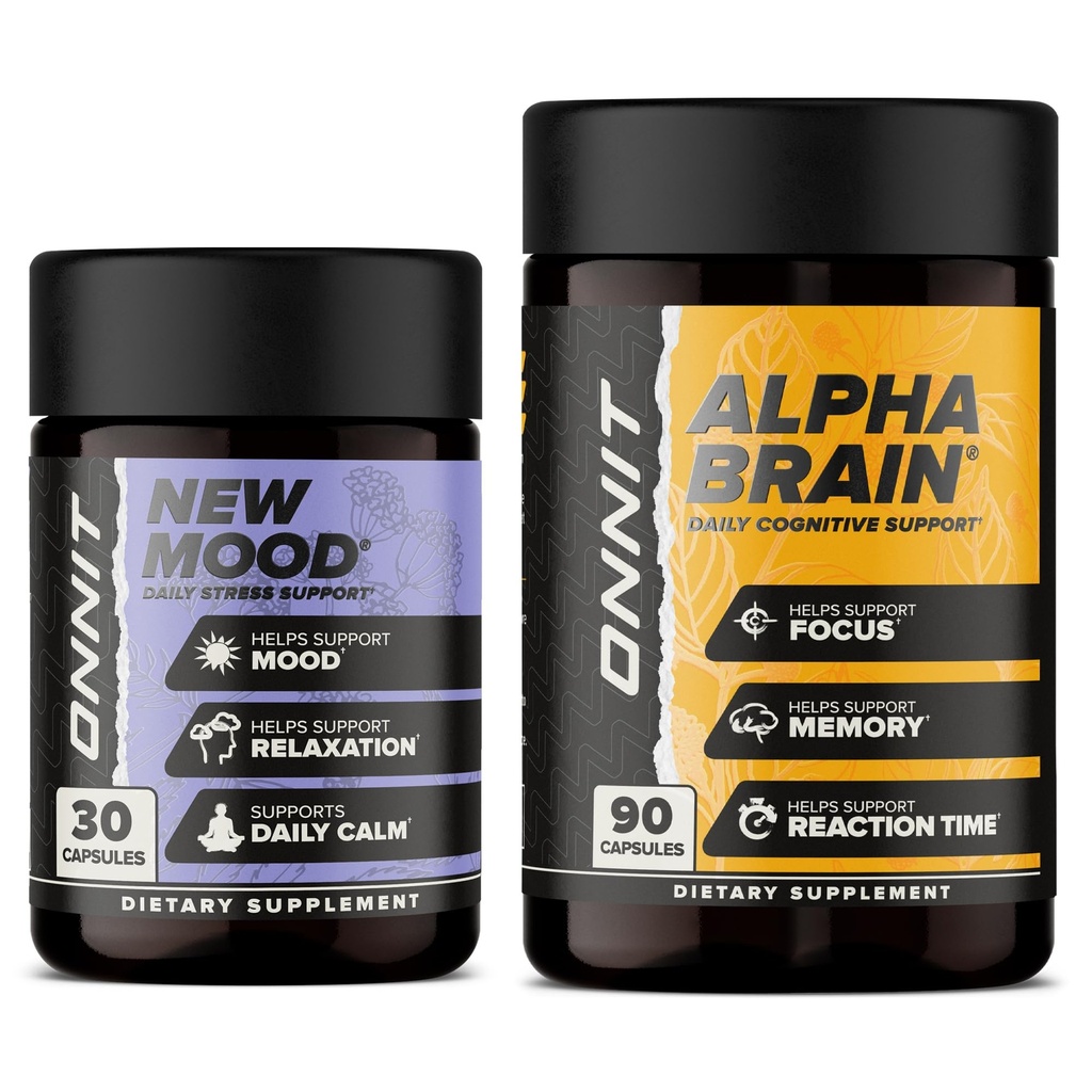 ONNIT Cognitive & Daily Mood Support Bundle: Alpha Brain Nootropic Capsules (90 Count) + New Mood Capsules (30 Count), IGEN Non-GMO Tested Focus, Mental Clarity & Relaxation, Pack of 2