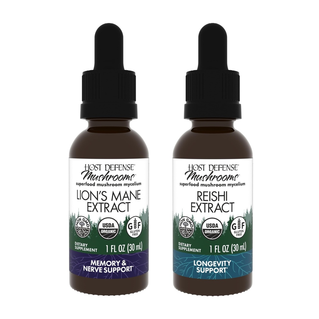 Host Defense Bundle with Lion's Mane Extract, 1 fl oz & Reishi Extract, 1 fl oz - 支持大脑健康,记忆与焦点 - 支持心脏与免疫健康*