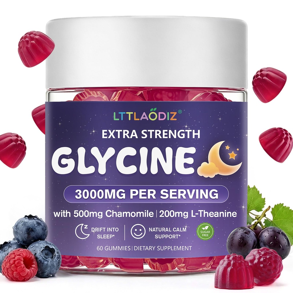 Glycine Gummies, Glycine Supplements 3g(3000mg) with Chamomile Extract 500mg & L-Theanine 200mg, Glycine for Sleep Gummies, Nighttime Relaxation, Sugar Free, Vegan, 60 Gummies