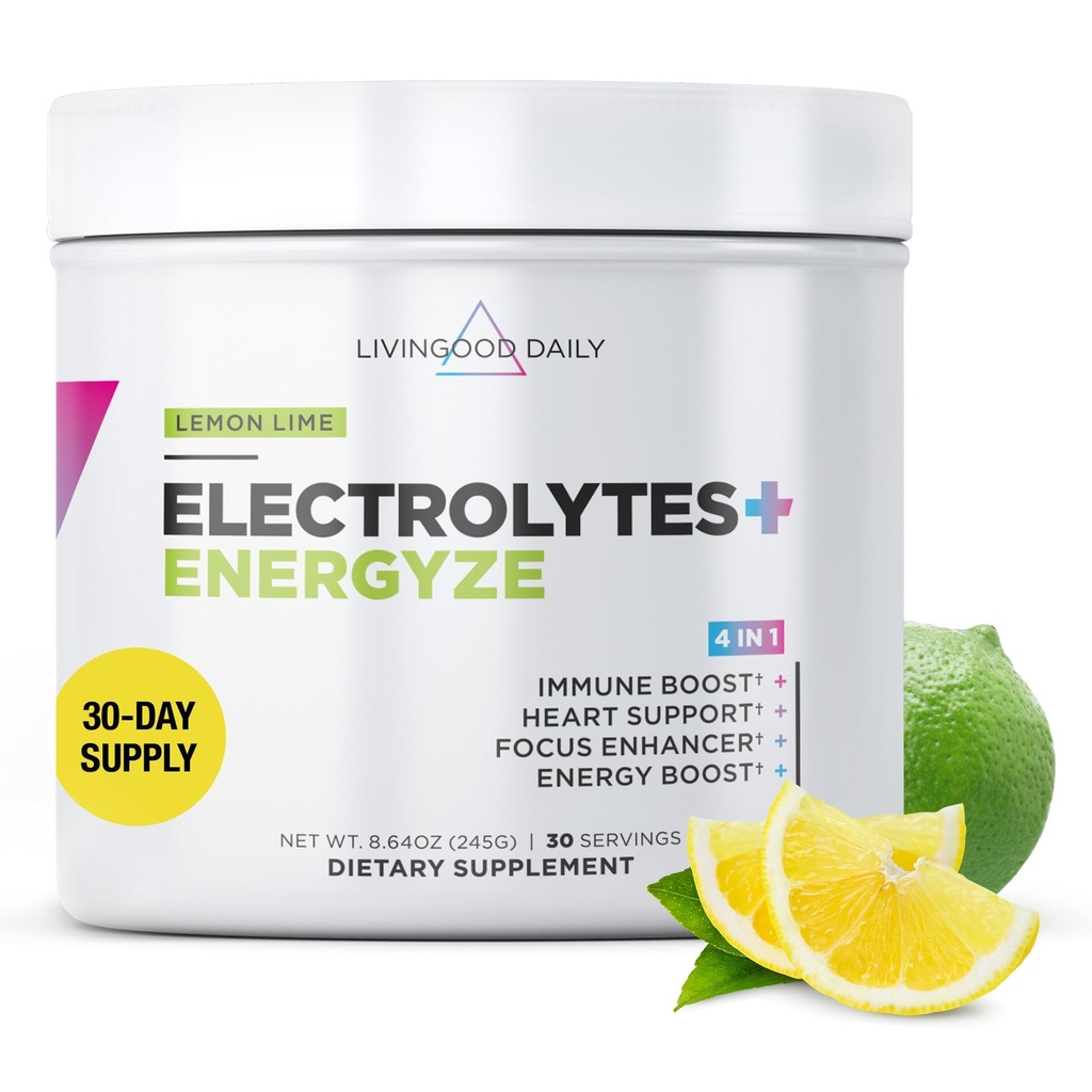 Livingood Daily Electrolytes Powder, Electrolytes Hydrotion Powder with Vitamin C, Taurine, D Ribose & FOS, 糖无电解质饮料 Mix, Keto, Gluten Free, Lemon Lime Flavor, 30 services (英语).