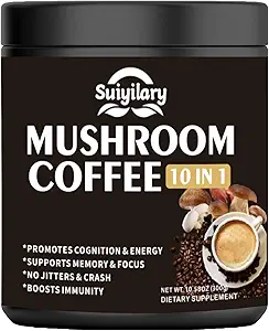蘑菇咖啡,10 蘑菇 提取粉末 混合狮子的马内,Reishi, Chaga, Cordyceps, Turkey Tail, Brain Supplements with Institut Coffe for Energy, Focus, Memory and A豁免 300g.