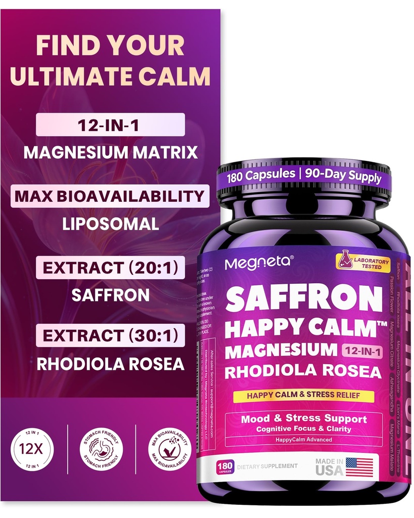 Liposomal Magnesium Complex 1000mg for Women & Men - 21-in-1 Supplement with Saffron, Ashwagandha & L-Theanine - Supports Mood Balance, Stress Relief, Calm & Cognitive Focus - 180 Capsules