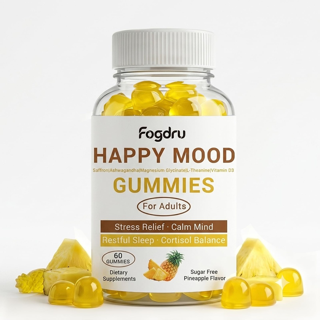 Happy Mood Gummies Natural Stress Relief Calm Mind Supplement with Saffron, Ashwagandha, L-Theanine Magnesium Glycinate Cortisol Balance Restful Sleep Support, Sugar-Free Pineapple Flavor, 60 Gummies