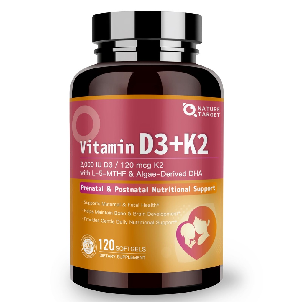 NATURE TARGET Vitamin D3&K2 with Folate, 120 Count | Prenatal & Postnatal Nutritional Support for Mom & Baby, Easy-to-Swallow