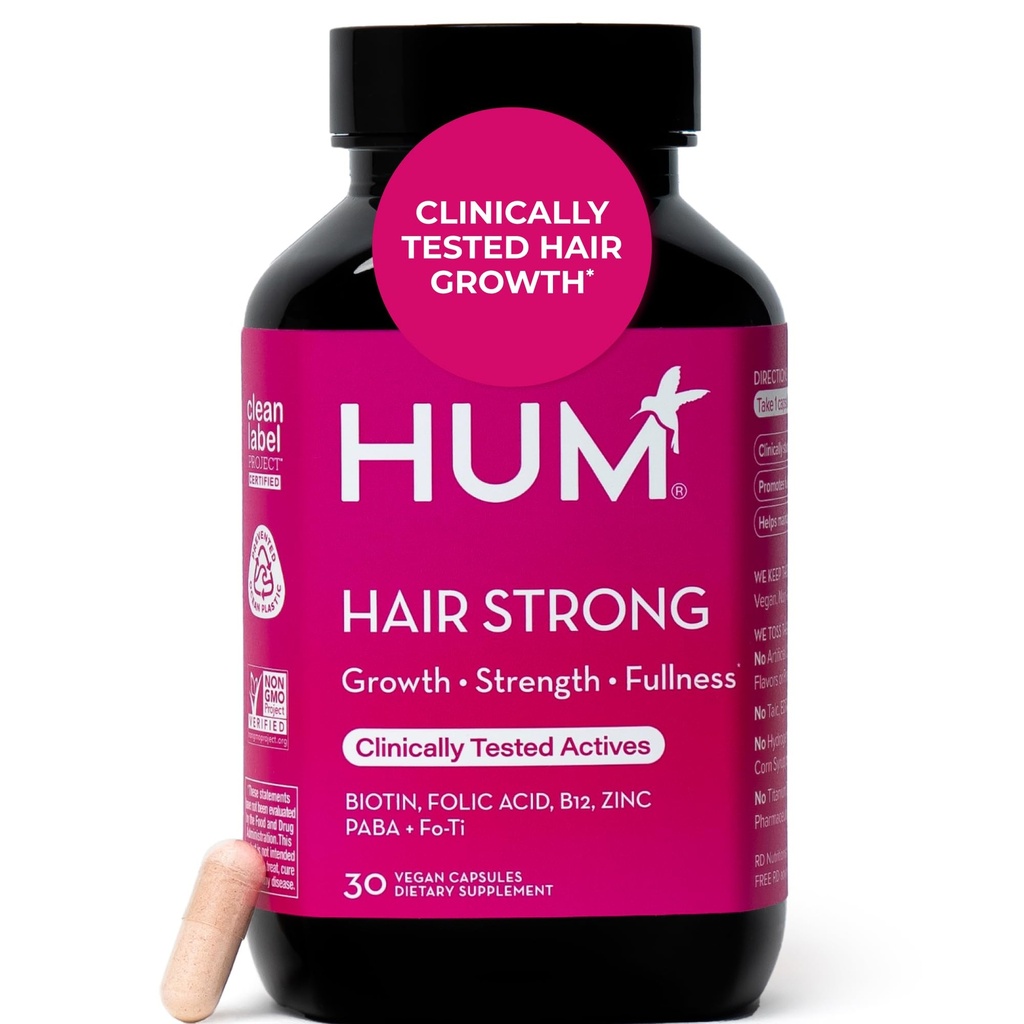 HUM Hair Strong Daily Hair Growth Supplement with Biotin, Zinc, Vitamin B12 to Support Growth, Folic Acid & Vitamin B12 Vitamins for Healthy Hair Support for Women and Men, 30 Vegan Capsules