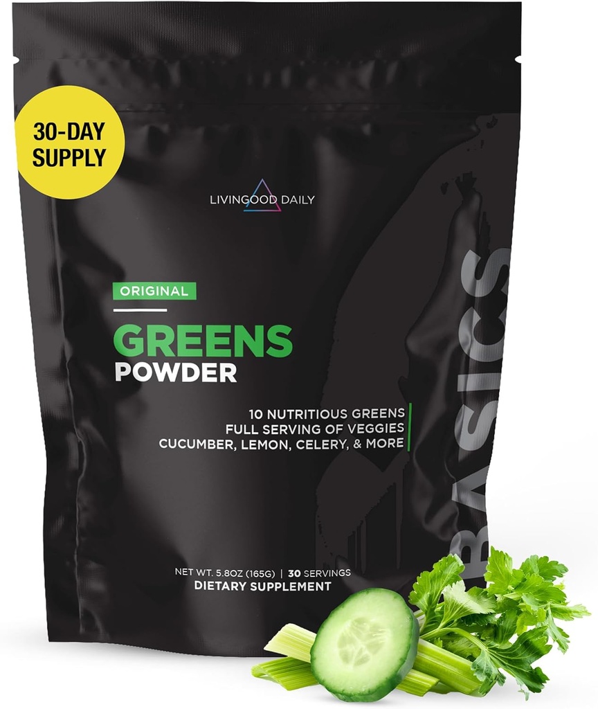 Livingood Daily Basic Greens Powder, Super Greens Drinking mix with Spirulina, Broccoli, Kale, 小麦草和氯菌, 有机蔬菜混合物, Vegan, Gluten Free, 非转基因生物, 30 services