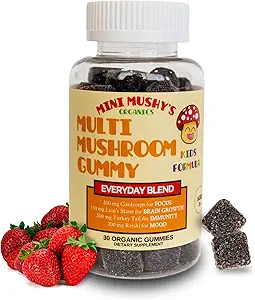 Mini Mushy的有机体每天支持 Gummys QQ Turkey Tail, Reishi, Lions Mane, Cordyceps Mushrooms 儿童2+自然颜色,过敏友好,低糖QQ草莓火焰 - 30 Counter
