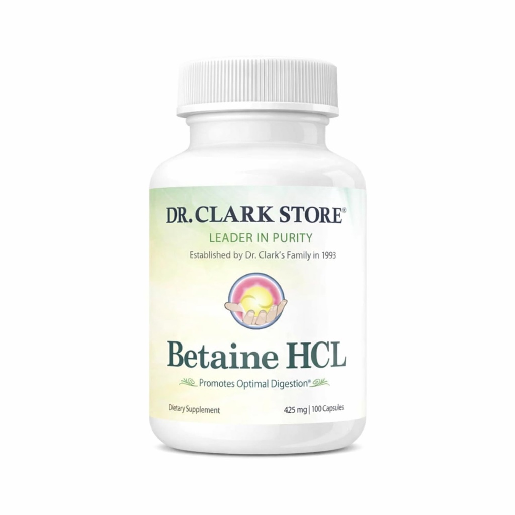 Clark Betaine HCL博士 消化酶 - 酸性 Reflux Medicine, 氢氯酸蛋白补充剂, 最佳消化公式, 100 Gelatin Capsules, 425 mg