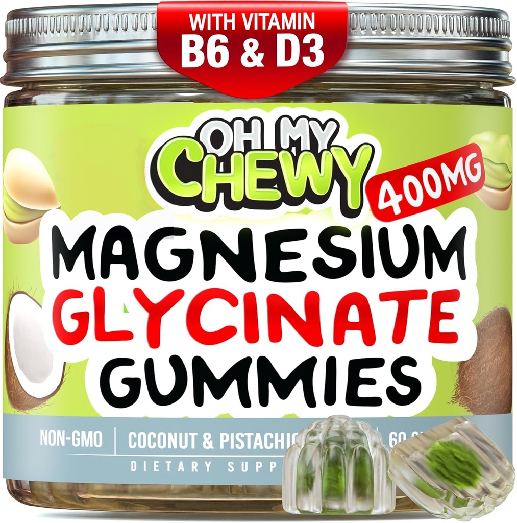 Center-Filled Magnesium Glycinate Gummys 400MG - 儿童、青少年和成年人的高吸收率 - 睡眠、冷静和肌肉放松补充B6 & D3 - Gluten Free & Vegan Friendly - 120 计数