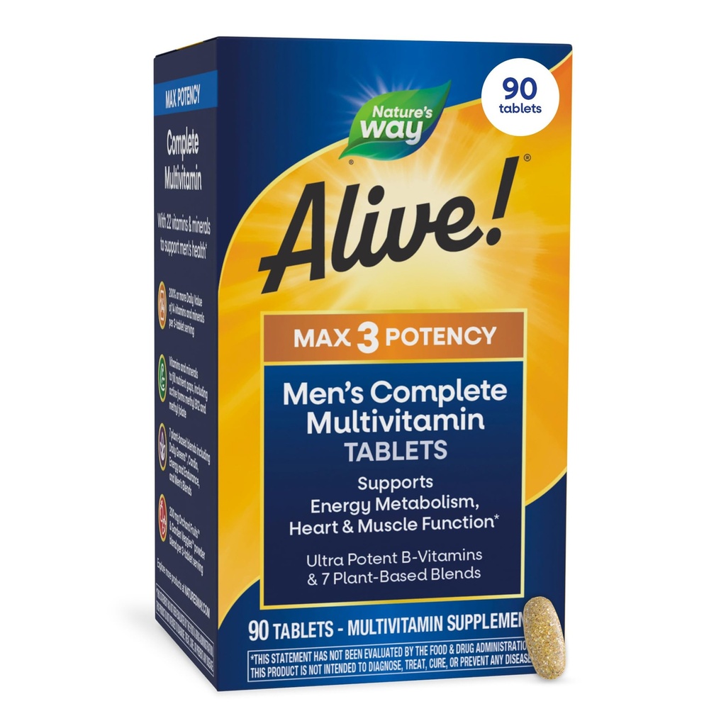 Nature's Way Alive! Men's Max3 Potency Daily Multivitamin, High Potency Multivitamin for Men with B-Vitamins for Cellular Energy*, Supports Heart, Muscle and Eye Health*, 90 Tablets