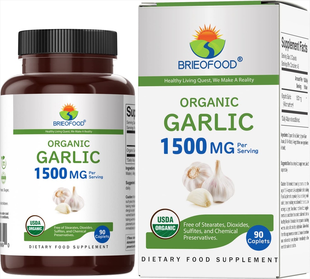 Brieofood 有机蒜类1500mg,45个服务类,蔬菜类,Gluten Free,90个蔬菜片