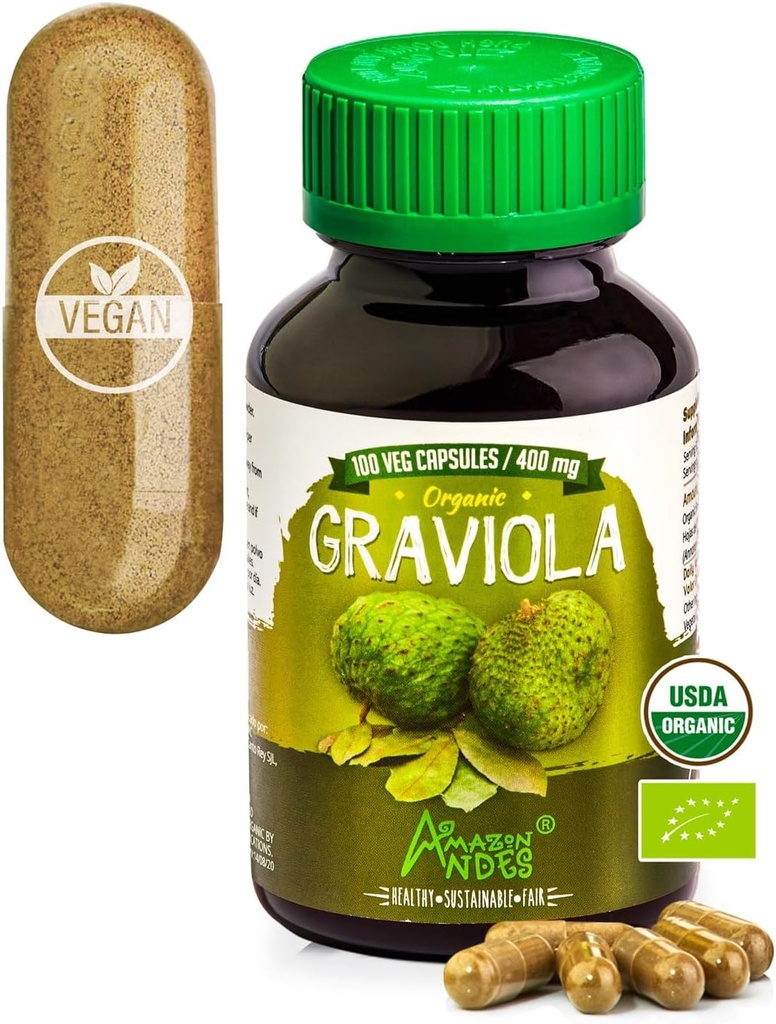 Andes Graviola Capsules - 富含维生素C和纤维 - 免疫系统刺激剂 - 健康细胞功能 - Vegan,非转基因生物,无胶质,公平贸易认证 - 100 Soursop Pills (400毫克)