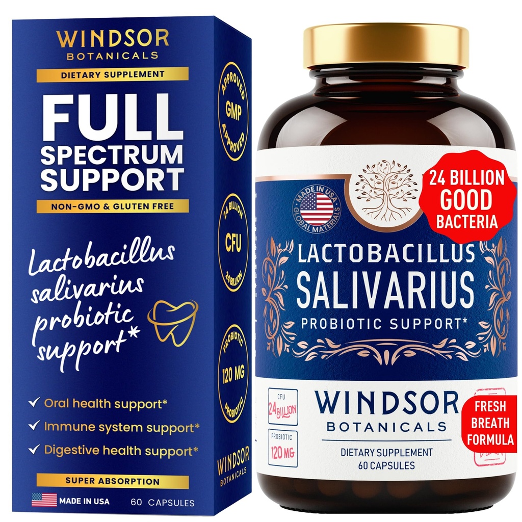 Lactobacillus Salivarius Probiotic - 24bn CFU L Salivarius Dental Probiotics for Teeth and Gums - Bad Breath Treatment for Adults, Immune Support, Digestive Health - 60 Oral Probiotic Capsules