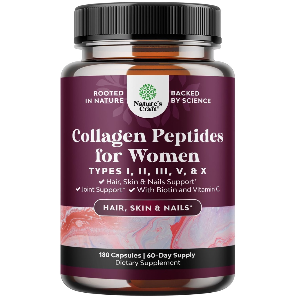 Advanced Multi Collagen Complex - Ageless Multi Collagen Peptides Supplements with Type 1 2 3 5 & X & Biotin for Hair, Skin and Nails Vitamins - Biotin Supplements for Women & Men - 180 Count