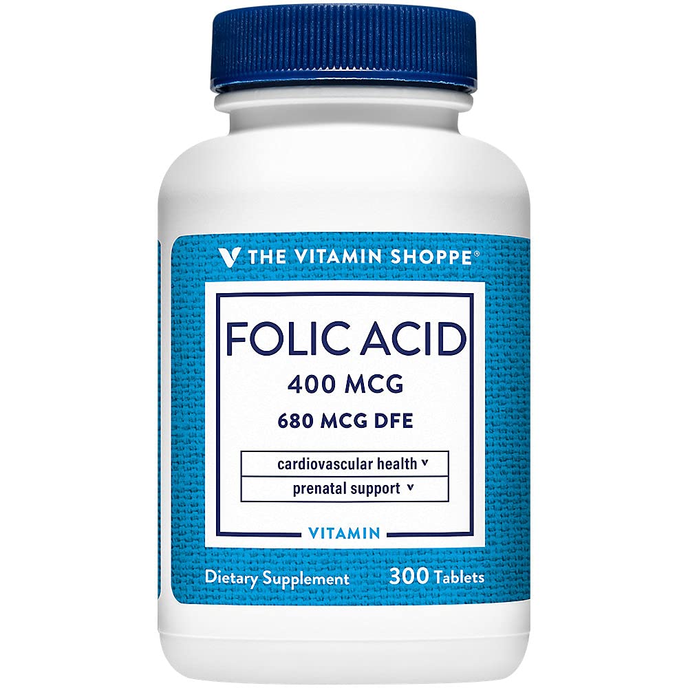 The Vitamin Shoppe Folic Acid 400MCG, Supports Prenatal Fetal (300 Tablets)