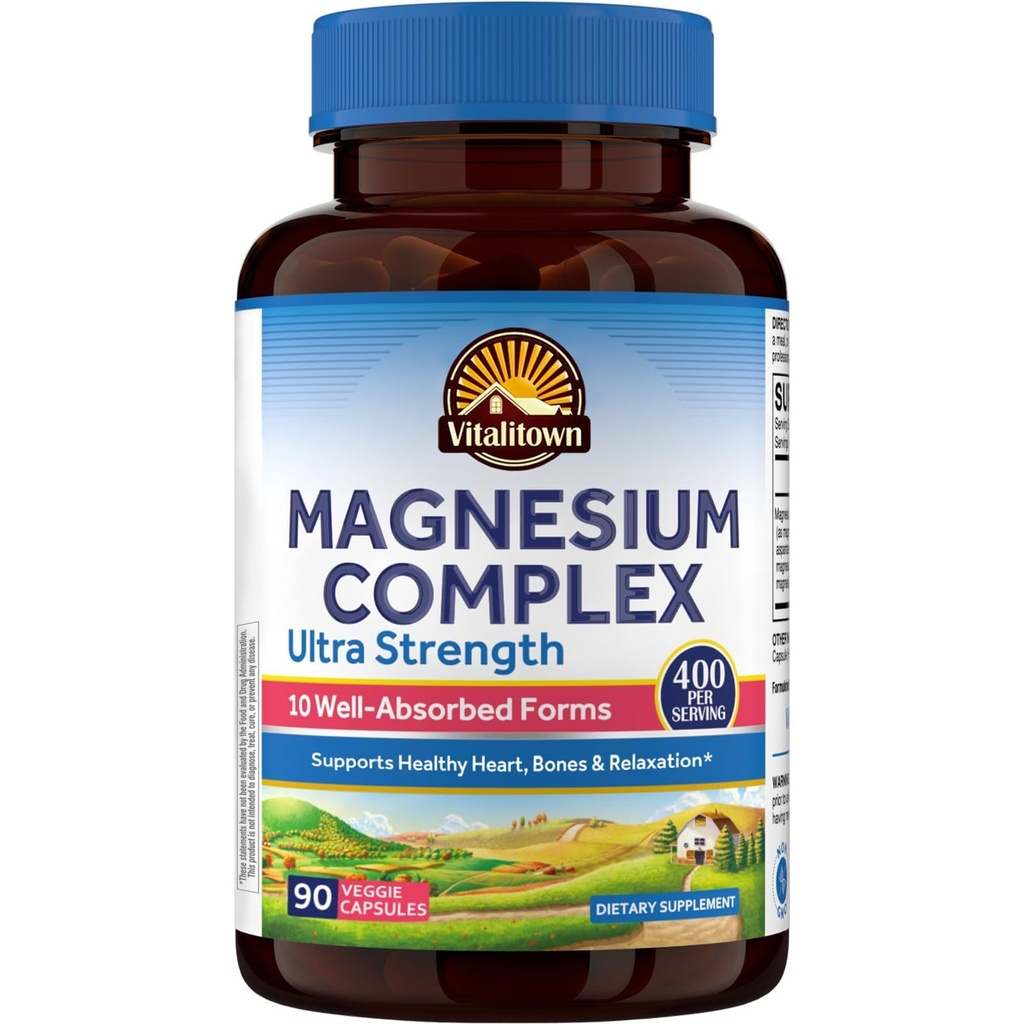 Vitalitown 10 in 1 Magnesium Complex - 400mg Elemental Magnesium Chelated with Glycnit, Citrate, Malate, Taurate & More - for Sleep Heart Energy - Non-GMO, Vegan, 90 Caps (英语).