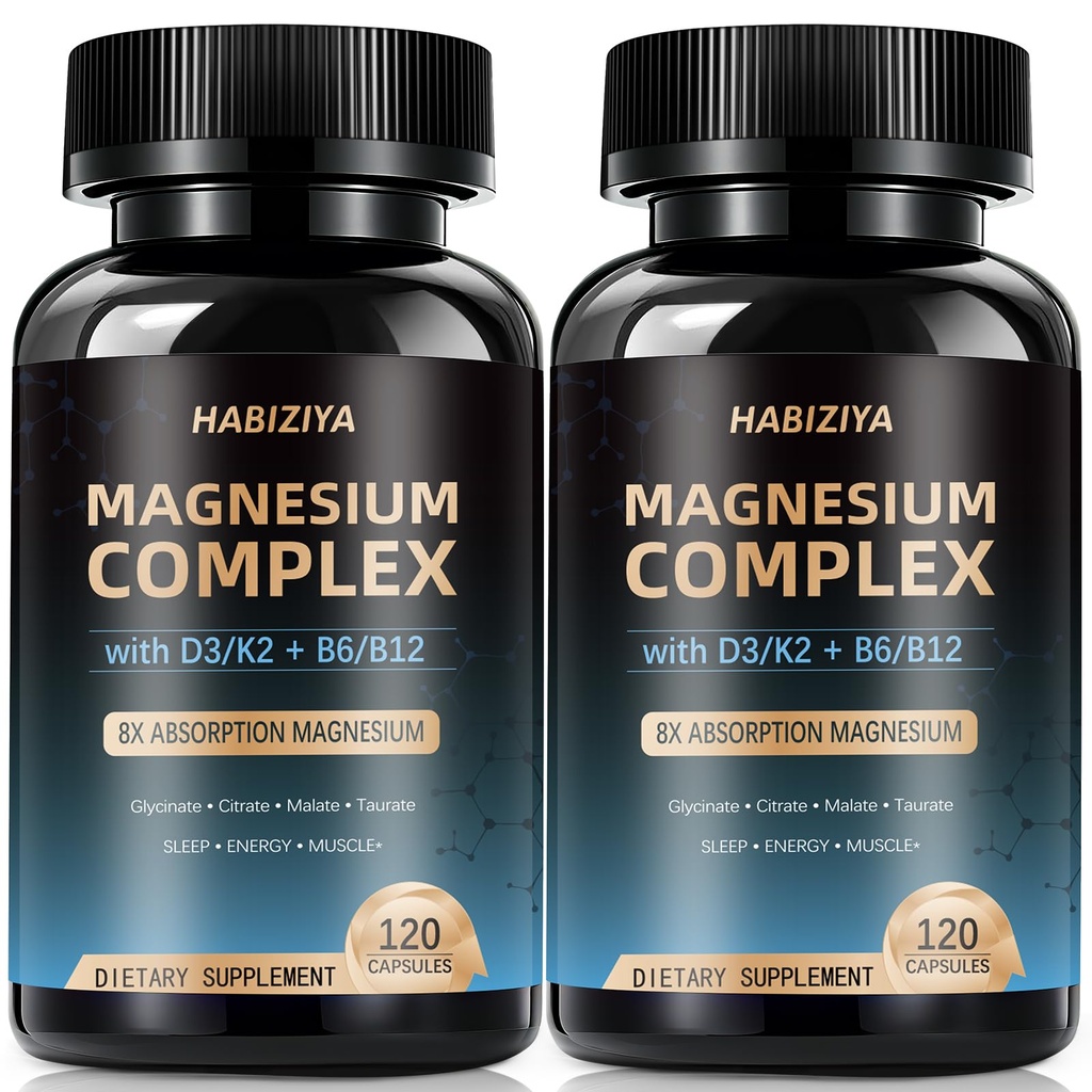 (Pack of 2) Magnesium Complex Supplement 600mg with with D3 K2 MK7 & B Vitamins High Absorption Capsules with Glycinate, Citrate & Malate,Taurate Relaxation,Muscle,Heart Support, Vegan 120 Capsules