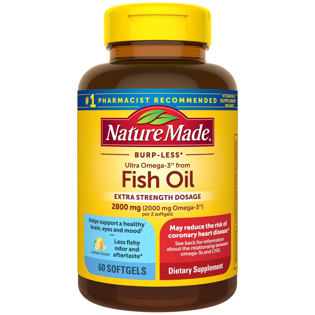 Nature Made Extra Strength Omega 3 Fish Oil Supplements, 2800mg, Fish Oil Omega 3 Supplements as Ethyl Esters for Healthy Heart, Brain, Eyes, Mood Support, 60 Softgels, 30 Day Supply