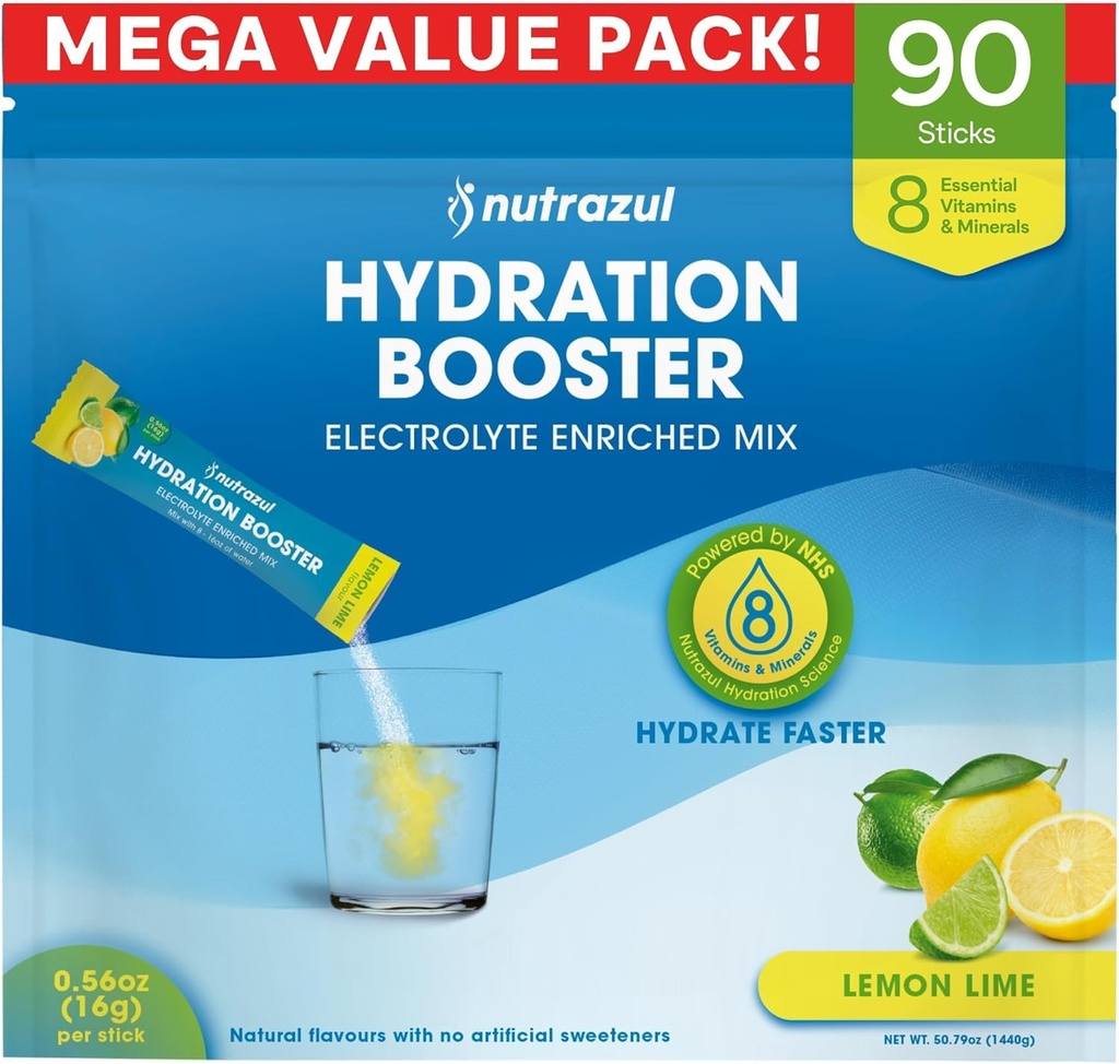 nutrazul Hydration Booster, Electrolytes Powder Sticks with Sodium, Potassium, Vitamin B6 & B12, No Artificial Sweeteners, Lemon Lime Flavor, 90 Sticks