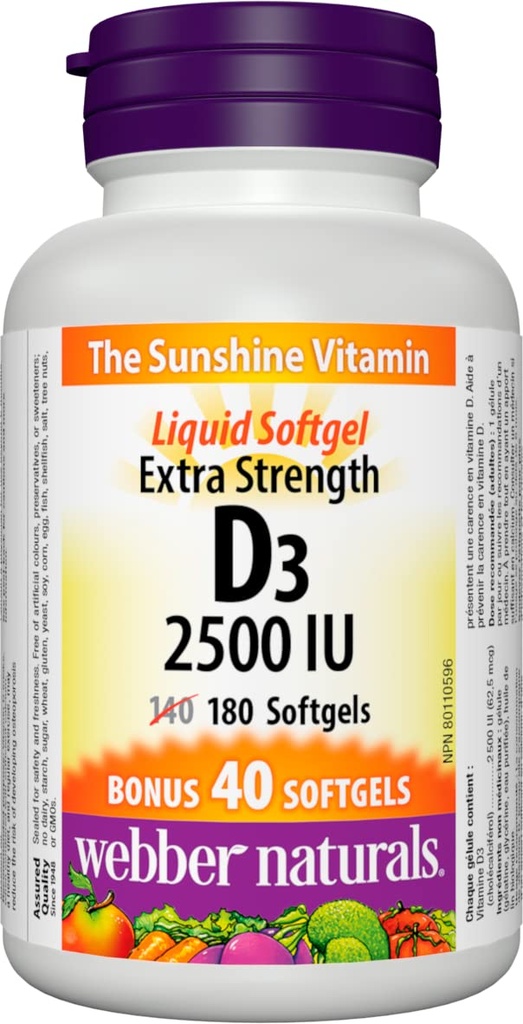 CONFETTIWOW Webber Naturals Vitamin D3 2,500 IU Extra Strength, 180 Softgels, for Healthy Bones, Teeth, and Helps Prevent Vitamin D Deficiency