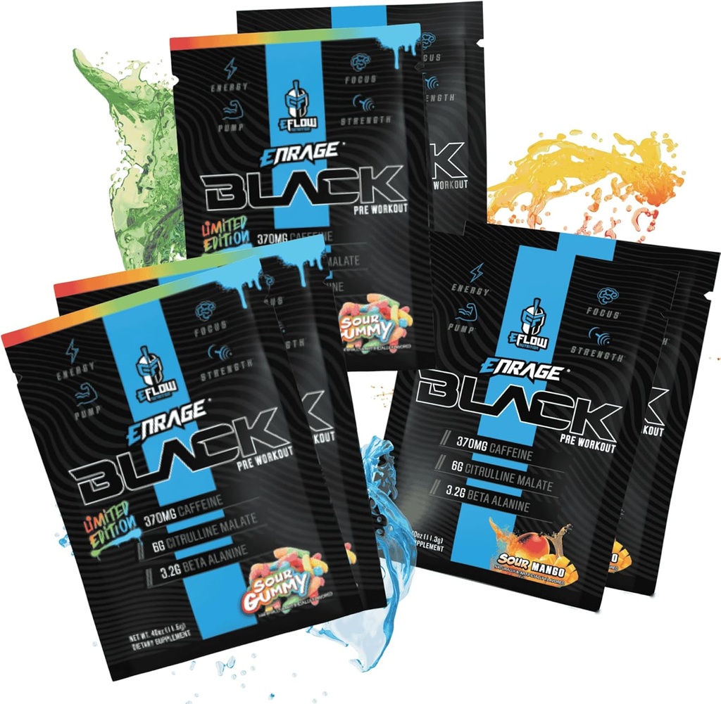 eFlow 营养 ENRAGE 黑色预研样包 - 旅行样包 - 高刺激能量,泵,强力,耐力,聚焦,诺特力公式 - 酸Gummy & Sour Mango Flavor(6包)