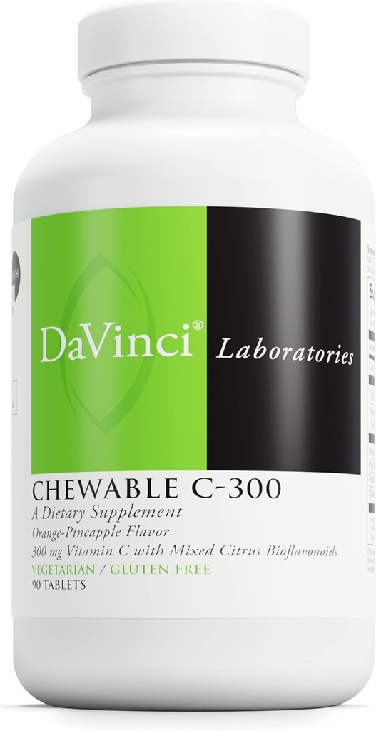 DaVinci Labs Chewable C-300 - 支持免疫健康、胆固醇和凝胶生产的补充药 - 配有维生素C、Pectin和更多 - 不含葡萄糖 - 橙菠萝火焰 - 90 蔬菜片