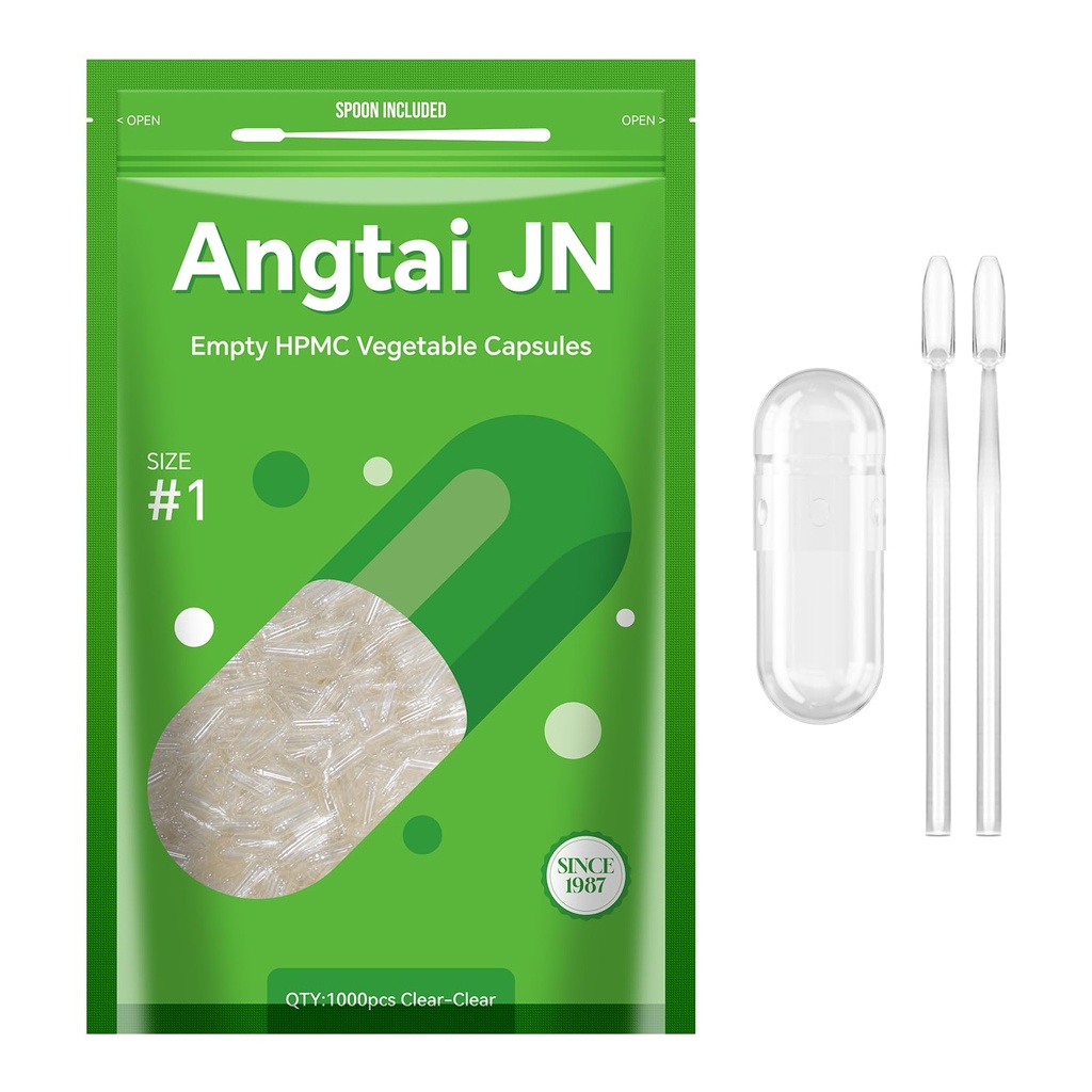 Size 1 Empty Capsules Vegan Plant Based Clear (1,000 Count) Gluten Free, Non-GMO, Halal Certified Pill Caps Filling Kit with 2 Spoons for Vegetarian DIY Your Own Supplements