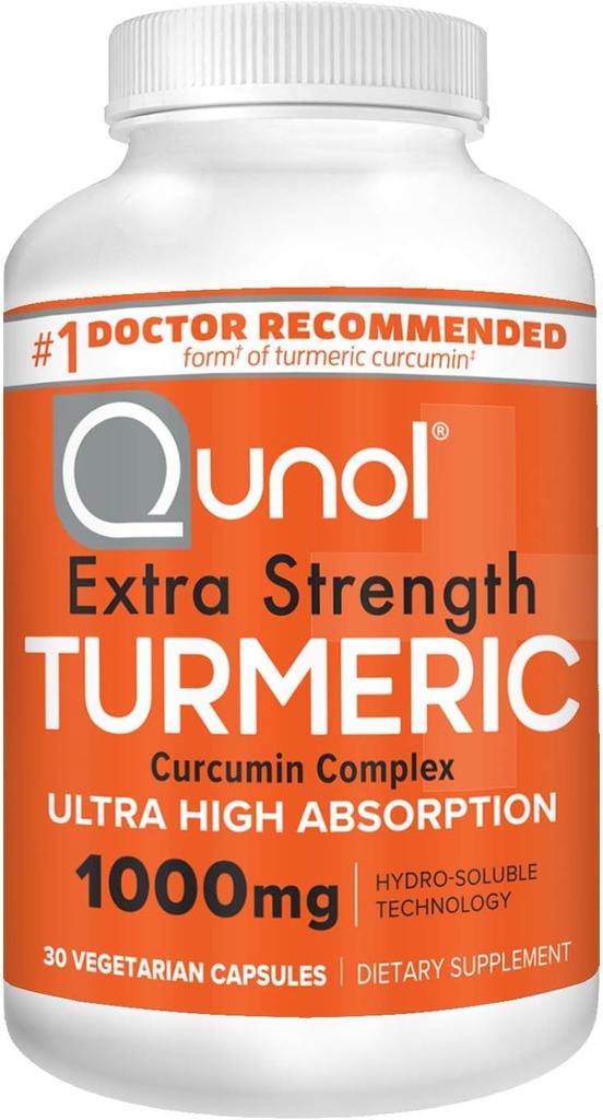 Quunol Turmeric Curcumin Capsules, 1000mg 额外强度补充剂, 专利氢溶技术, 带有黑辣椒的Turmeric Curcumin替代品, 30 Veggie Capsules