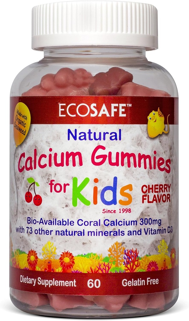 ECO SAFE 珊瑚钙 维生素 D3 儿童 Gummy,天然樱桃Flavor,非转基因生物,无葡萄糖,无乳糖,无豆和无胶碱 - 300 mg 钙,800 IU 维生素 D3-60 Gummys (2 Pack)