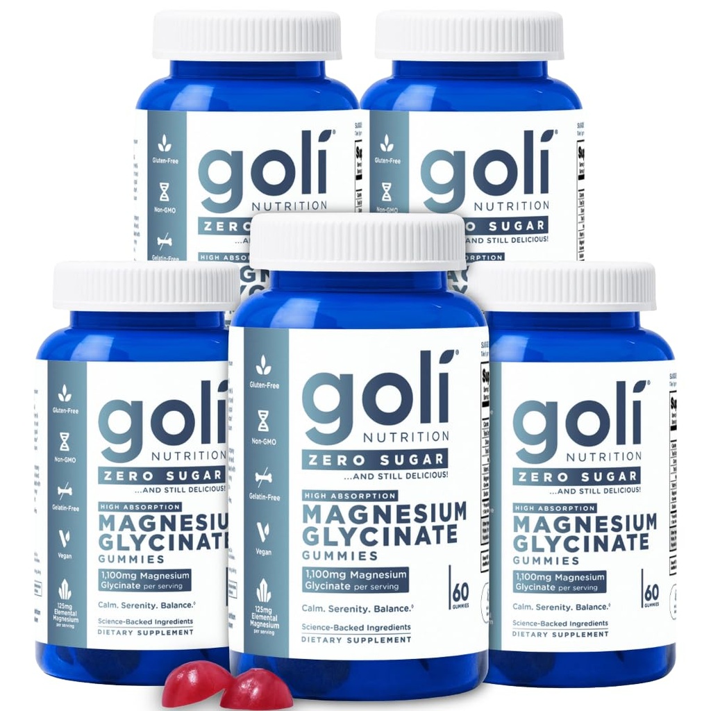 Goli Zero Sugar Magnesium Gummies - 125mg Magnesium Citrate with Vitamin D 60 Count Each (5 Pack, 300 Total) - No Artificial Sweeteners, No Sugar Alcohols - Vegan, Keto-Friendly, Gluten-Free