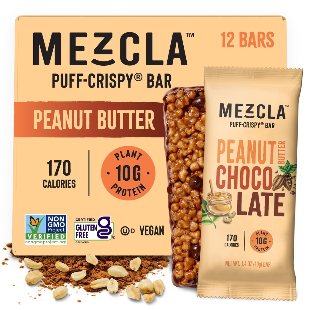 Mezcla Puff Crispy蛋白条、Gluten Free & Vegan蛋白条、10g蛋白条、Alt for Crispy Rice Treat、Granola Bars & French Bars、成人健康小吃、花生酱巧克力、12包