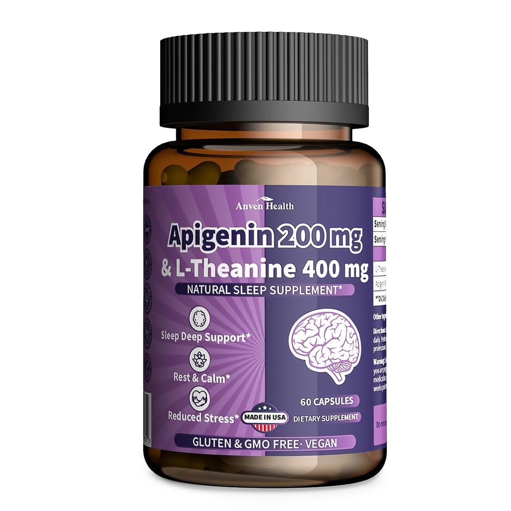400mg L-Theanine 配有200mg Apigenin 辅助睡眠-自然放松和应激救济 - Gluten Free, Non-GMO, Zero fillers - 在美国制造 60 Veggie Capsules