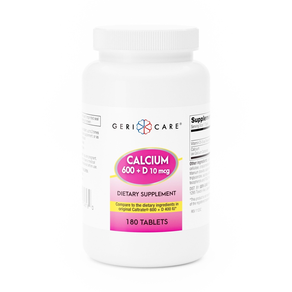 GeriCare Calcium 600mg - Vitamin D 10mcg Tablets - Bone Health - Nutritional Supplement, 180 Count (Pack of 1)