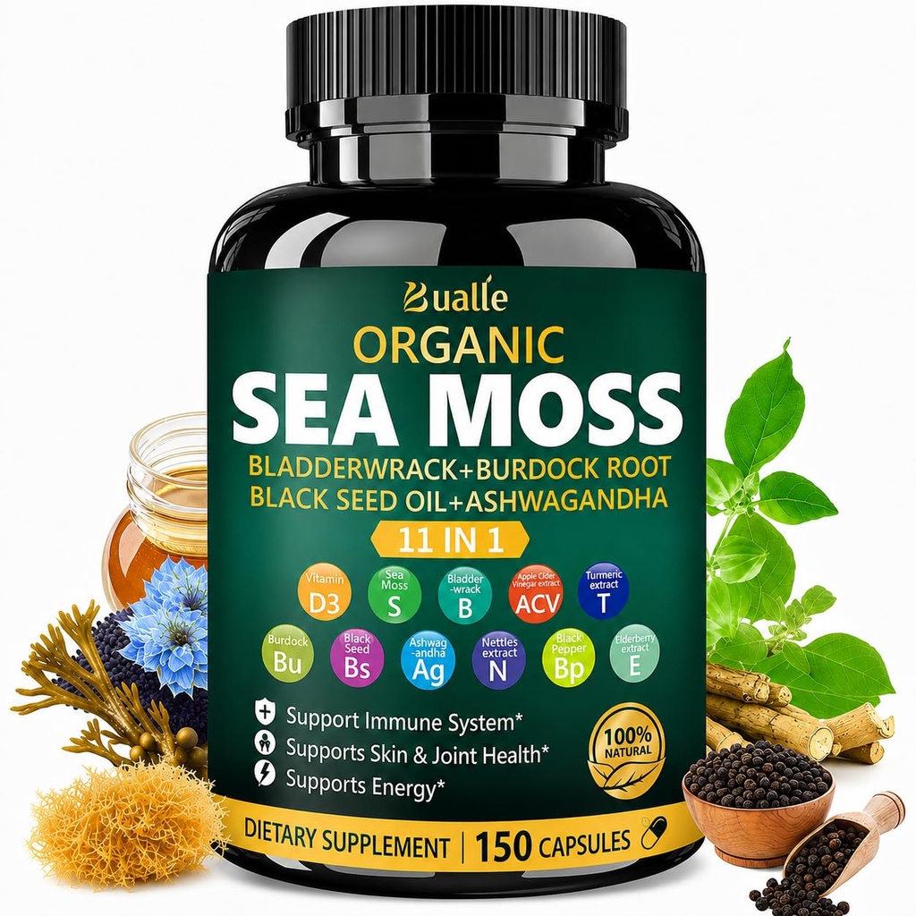 Sea Moss Capsules 11-in-1 for Energy Boost, Vegan | With Vitamin D3, ashwagandha, black seed, mineral complex, bladderwrack, and burdock root for daily wellness 150 Count